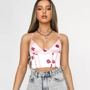 White Fox Acacia Bustier Corset Crop Top in Pink Floral, size Small
